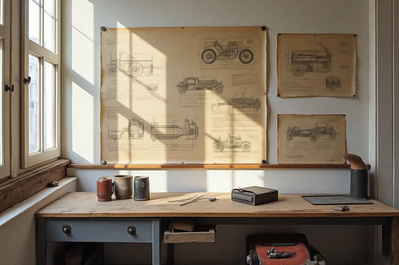 Vecchi disegni tecnici e fotografie di officina appesi alla parete sopra un banco di lavoro