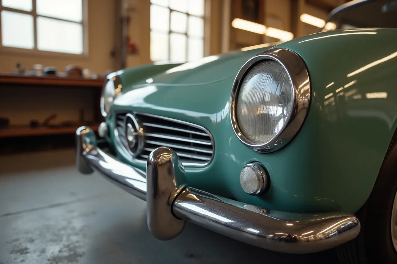 Paraurti cromato lucidato e faro tondo di un'auto classica restaurata, con i riflessi dell'officina
