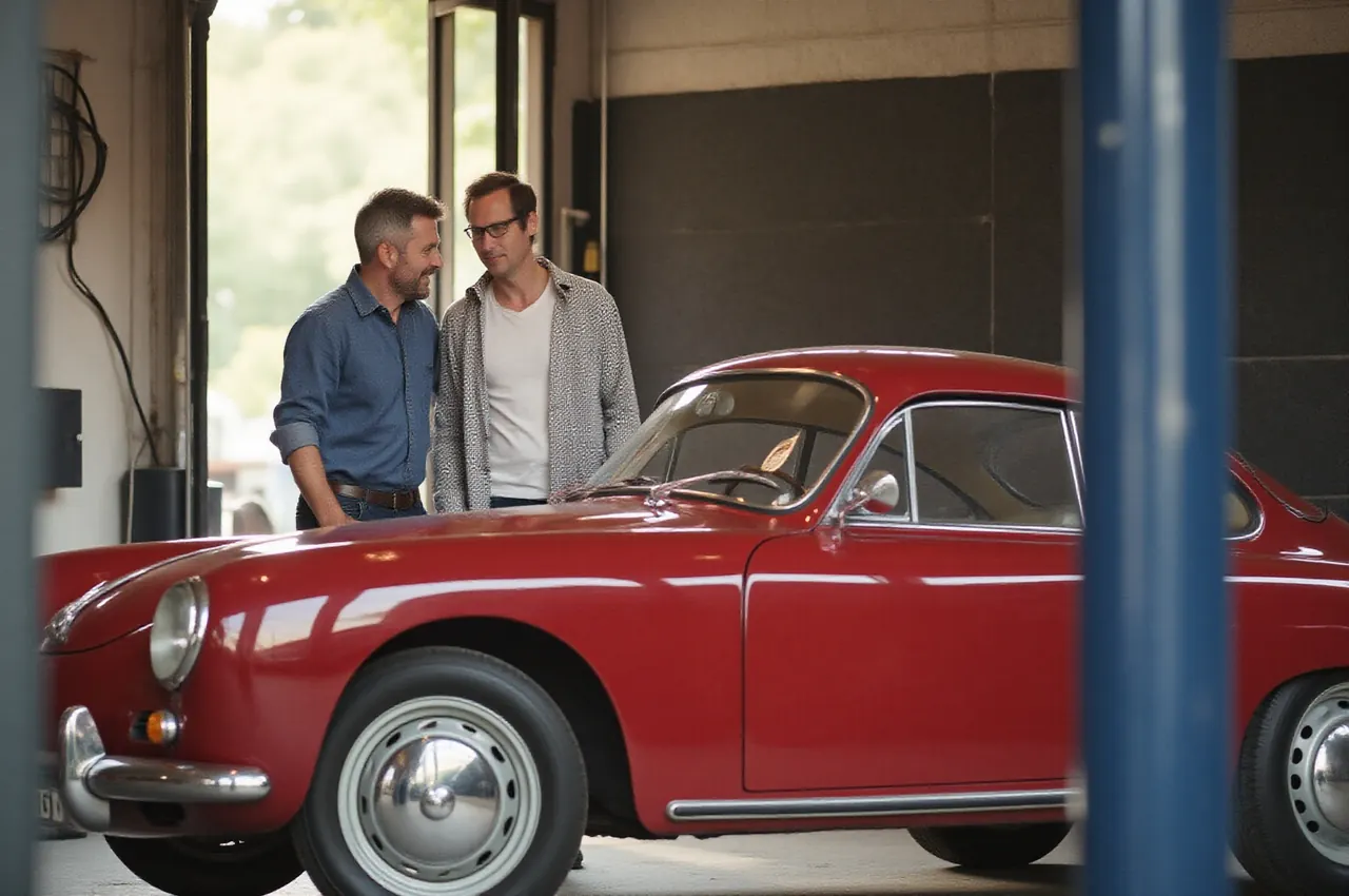 Proprietario e restauratore che guardano insieme l'auto restaurata sulla soglia dell'officina, luce calda