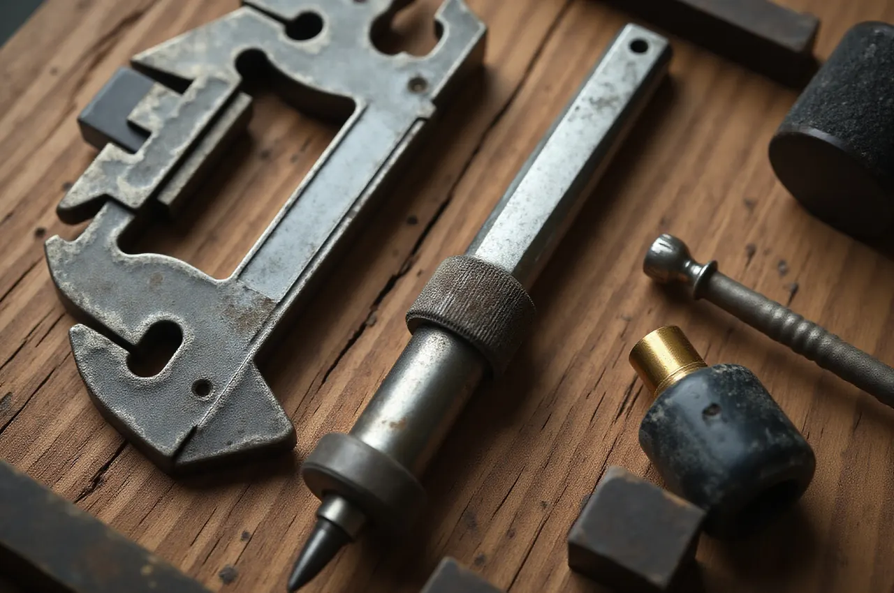 Attrezzi manuali d'epoca, calibri e un oliatore in ottone disposti su un banco di legno consumato